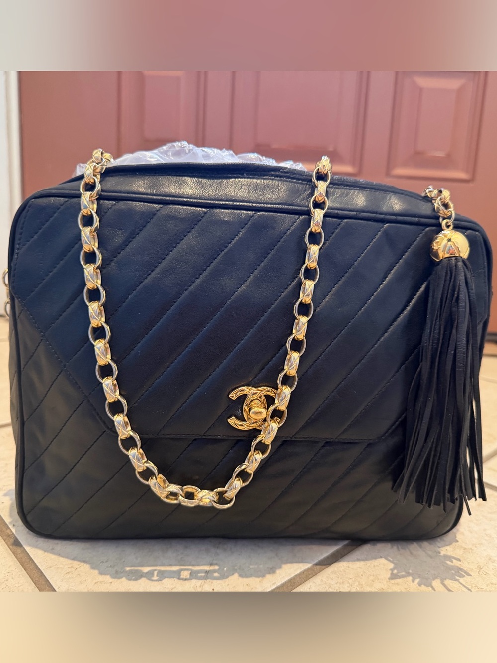 Chanel Vintage Lambskin Black Quilted Camera Bag with Bijoux 24K Chain & Tassel